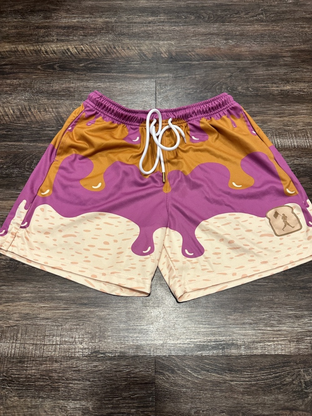 Baseballism Novelty Drip Print PB&J Shorts in Purple & Gold